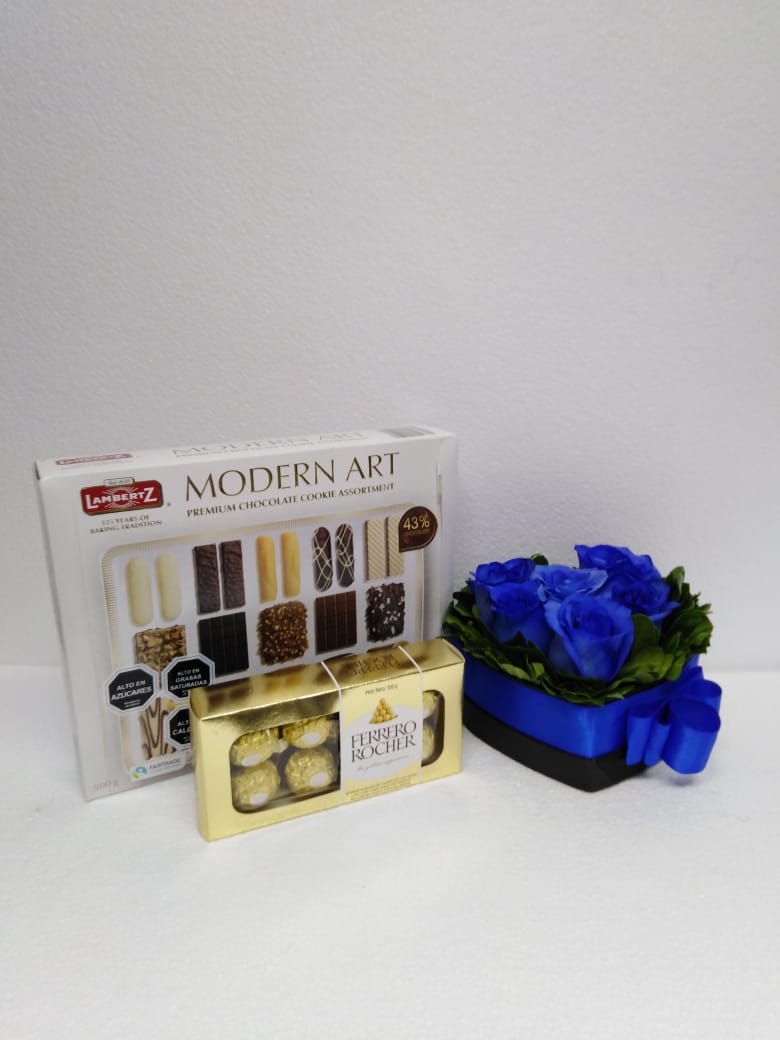 6 Rosas Azules en Caja Corazón, Bombones Ferrero Rocher 100 Grs y Galletas Lambertz 500 Grs 